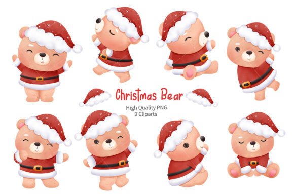Cute Christmas Bear Clipart Set: Festive Illustrations