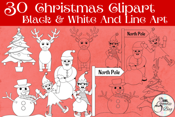 Cute Christmas Clipart Black White Illustrations