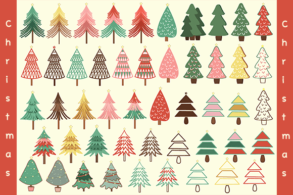 Hand Drawn 50 Christmas Tree Set PNG: Illustrations