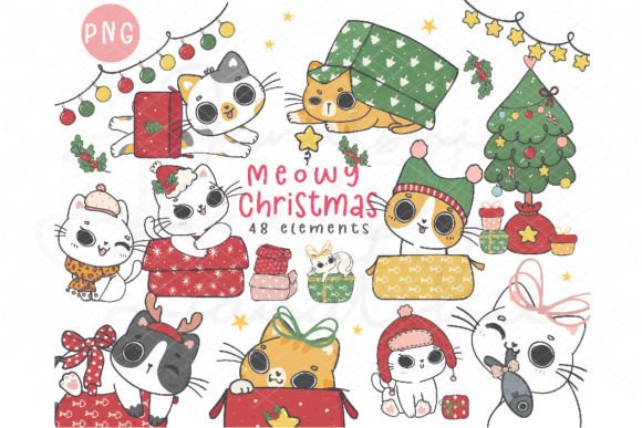 Kawaii Christmas Cats Clipart Set: Illustrations