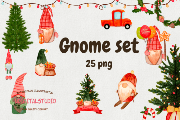 Watercolor Christmas Gnome Set Clipart for Illustrations